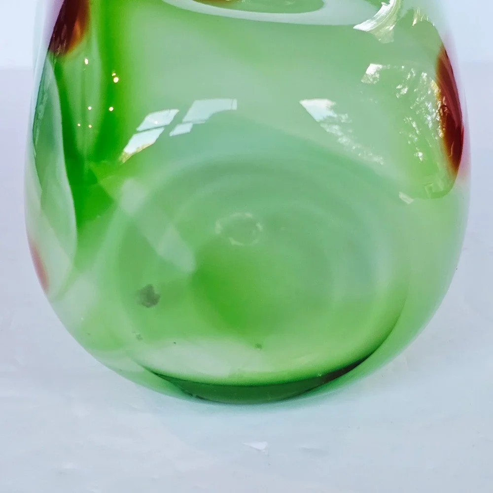 Vintage MCM Hand Blown Art Glass Vase Green Swirl Red Spotted Eclectic Artistic